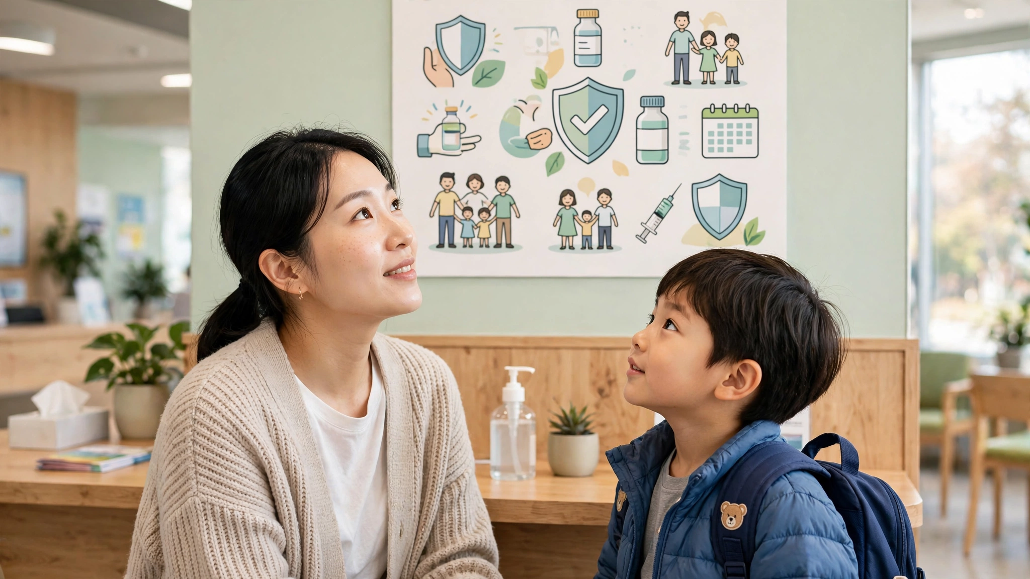 보건소 안내데스크에서 예방접종 안내문을 보는 가족